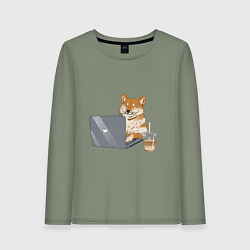 Лонгслив хлопковый женский Собака Сиба ину печатает на ноутбуке с кофе, цвет: авокадо
