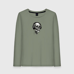 Лонгслив хлопковый женский Череп в наушниках слушает музыку, цвет: авокадо