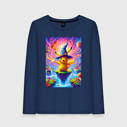 Лонгслив хлопковый женский Пикачу в шляпе в сказочной стране, цвет: тёмно-синий