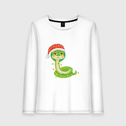 Лонгслив хлопковый женский Новогодняя змейка в шапке, цвет: белый