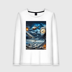Лонгслив хлопковый женский Психоделический пейзаж с часами и рыбой, цвет: белый