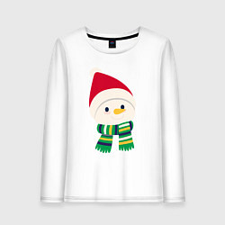 Лонгслив хлопковый женский Праздничный снеговик в красной шапочке, цвет: белый