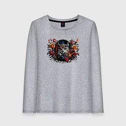 Лонгслив хлопковый женский Сова с розами, цвет: меланж