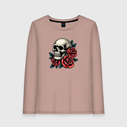 Лонгслив хлопковый женский Череп с красными розами и листьями, цвет: пыльно-розовый