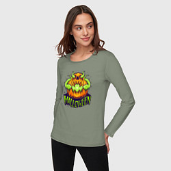 Лонгслив хлопковый женский Halloween pumpkin, цвет: авокадо — фото 2