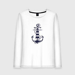 Лонгслив хлопковый женский Морская эмблема - якорь и маяк, цвет: белый