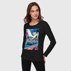 Лонгслив хлопковый женский Кабриолет едет по тропическому острову, цвет: черный — фото 2