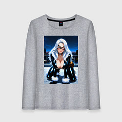 Лонгслив хлопковый женский Черная кошка на крыше небоскреба, цвет: меланж