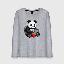 Лонгслив хлопковый женский Панда с кофе за ноутбуком, цвет: меланж