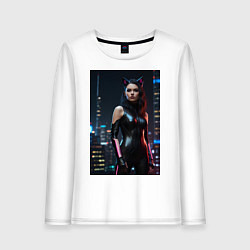 Лонгслив хлопковый женский Девушка с кошачьими ушами стоит на фоне небоскребо, цвет: белый