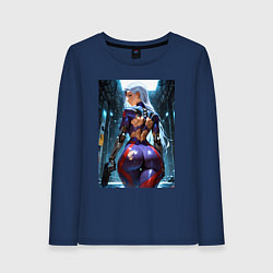 Лонгслив хлопковый женский Девушка с оружием в киберпанк стиле, цвет: тёмно-синий