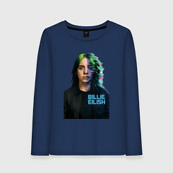Лонгслив хлопковый женский Билли Айлиш глитч эффект, цвет: тёмно-синий
