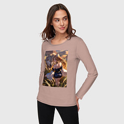 Лонгслив хлопковый женский Девушка-волчица посреди поля пшеницы, цвет: пыльно-розовый — фото 2
