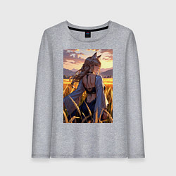 Лонгслив хлопковый женский Девушка-волчица посреди поля пшеницы, цвет: меланж