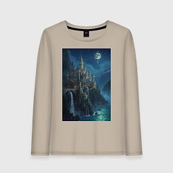 Лонгслив хлопковый женский Замок Хогвартс под звездным небом, цвет: миндальный