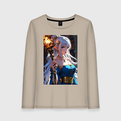 Лонгслив хлопковый женский Прекрасная эльфийка-маг с шаром огня, цвет: миндальный