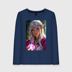 Лонгслив хлопковый женский Прекрасная эльфийка с магической сферой, цвет: тёмно-синий
