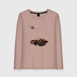 Лонгслив хлопковый женский Летающая машина, ретрофутуризм, цвет: пыльно-розовый