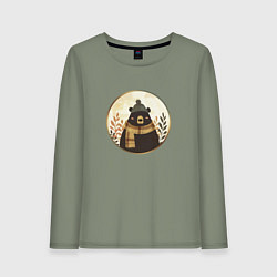 Лонгслив хлопковый женский Мишка в шарфе и шапке, цвет: авокадо