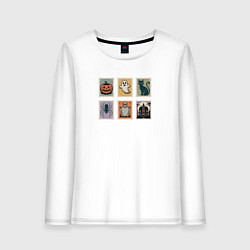 Лонгслив хлопковый женский Символы Хэллоуина тыква привидение и черный кот, цвет: белый