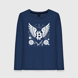 Лонгслив хлопковый женский Биткоин с крыльями, цвет: тёмно-синий