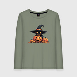 Лонгслив хлопковый женский Черный призрак в ведьмовской шляпе сидит на тыкве, цвет: авокадо