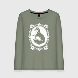 Лонгслив хлопковый женский Лиса в цветочной раме, цвет: авокадо