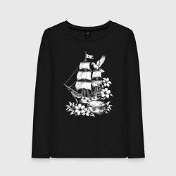Лонгслив хлопковый женский Пиратский бриг сокровища и попугаи, цвет: черный