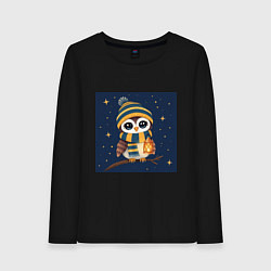 Женский лонгслив Сова в шапке и шарфе с фонарём