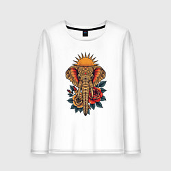 Лонгслив хлопковый женский Слон на фоне солнца с розами в стиле тату, цвет: белый
