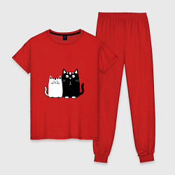 Пижама хлопковая женская Удивленные коты, цвет: красный