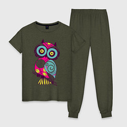 Пижама хлопковая женская Яркая сова цвета меланж-хаки — фото 1