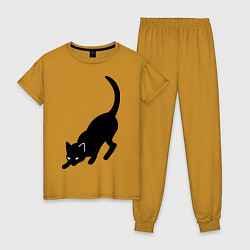 Пижама хлопковая женская ЧернаяБелая кошечка, цвет: горчичный