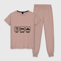 Пижама хлопковая женская Eat Sleep Ride, цвет: пыльно-розовый