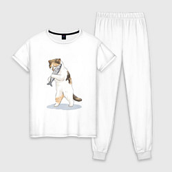 Пижама хлопковая женская Кот с рыбой, цвет: белый