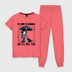 Пижама хлопковая женская Be kind to animals or I'll kil, цвет: коралловый