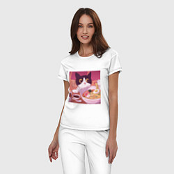 Пижама хлопковая женская Кот и лапша, цвет: белый — фото 2