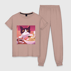 Пижама хлопковая женская Кот и лапша, цвет: пыльно-розовый