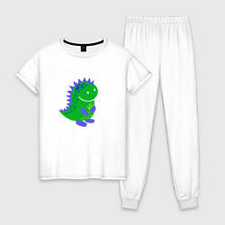 Пижама хлопковая женская Зеленый дракончик-динозаврик, цвет: белый