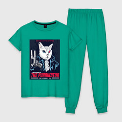 Пижама хлопковая женская Кот Терминатор пародия, цвет: зеленый