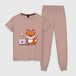 Пижама хлопковая женская Cute fox and laptop, цвет: пыльно-розовый