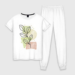Пижама хлопковая женская Листья на акварели, цвет: белый