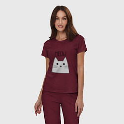Пижама хлопковая женская Котик - Мяу, цвет: меланж-бордовый — фото 2