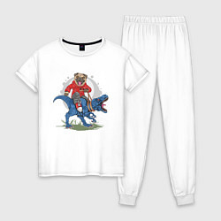Пижама хлопковая женская Мопс на динозавре, цвет: белый