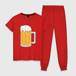 Пижама хлопковая женская Beer Cat, цвет: красный