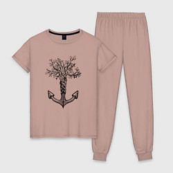 Пижама хлопковая женская Славянский якорь в виде дерева, цвет: пыльно-розовый