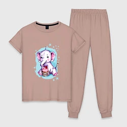 Пижама хлопковая женская Милый слоник и пирожное, цвет: пыльно-розовый