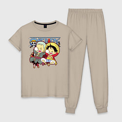 Пижама хлопковая женская Малыши Зоро и Луффи One Piece, цвет: миндальный