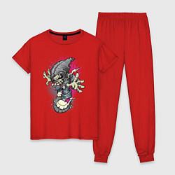 Пижама хлопковая женская Скелетон на скейте, цвет: красный