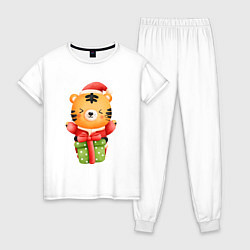 Пижама хлопковая женская Тигренок с новогодним подарком, цвет: белый